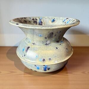 Ceramic Spittoon Vase with Speckled Blue Paint Initialed